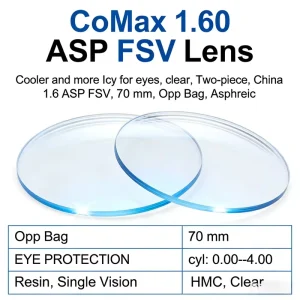1.60 ASP FSV Resin Optical Lens HMC Coating 70mm Diameter Clear Icy Blue