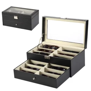 12-Slot PU Leather Sunglasses Display Case with Drawer and Glass Lid