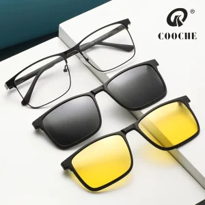 2197 Metal Flip-Over Magnetic Clip-On Square Sunglasses with Night Vision, Myopia, Polarized UV Protection Lenses