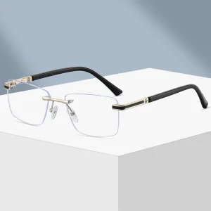 24030 Square Metal Rimless Optical Frames for Men Anti-Blue-Light Glasses