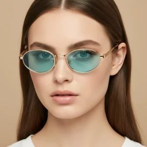 3651 Geometric Oval Sunglasses Colored PC Lens Metal Temple