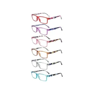 6-Pack Women’s Anti-Blue Light Reading Glasses with Plastic Frames, Spring Hinges, and Anti-Glare Lenses