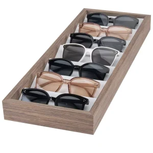 7-Slot Walnut Wood Stepped Sunglasses Display Tray for Retail Shops