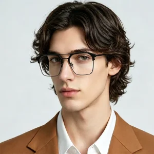8041 Men’s Alloy Metal Square Eyeglass Frames Double Bridge Blue-Blocking Lenses