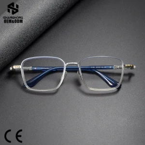 81088 Modern Geometric Square Titanium Eyewear With Clear Acetate Front Comfortable Blue Acetate Temple For Daily Office Wear