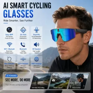 AI Smart Cycling Glasses 8MP 6 Axis EIS Real Time Translation Dual Mic Noise Cancellation Prescription Ready Sports Eyewear