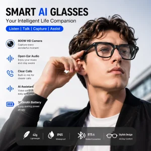 AI Smart Glasses with 1080P Camera Bluetooth 5.4 ENC Dual Mic IP65 Waterproof TR90 Frame 800W HD Sensor