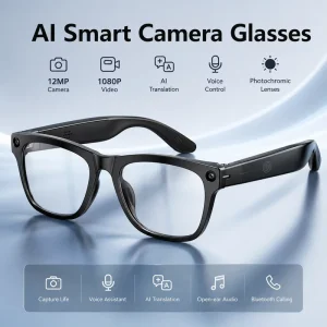 AI Smart Glasses with 12MP Camera WiFi HD Video Recording Audio Eyewear Voice Control Photochromic Sunglasses for Men Women
