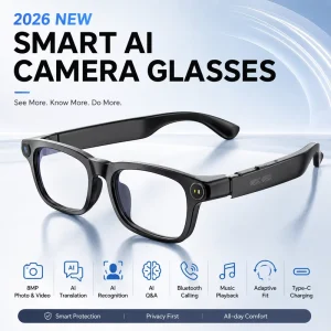 AI Smart Glasses with 8MP HD Camera, WiFi, Video Recording, Translation, Object Recognition, AI Assistant, Phone Calls, Music Player