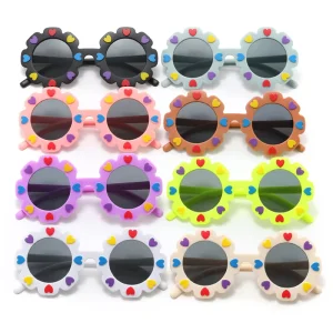 Acrylic Lens Children’s Sunglasses with Blue Flower Heart Design, UV400