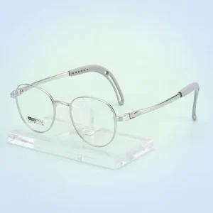 Adjustable Temple-Tip Metal Eyeglass Frames for Teens, Full-Rim Round Shape, Soft Silicone Nose Pads