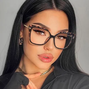 Anti-Blue-Light TR90 Computer Glasses, Half-Metal Square Frames, Black Pink Clear