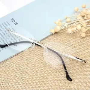 Anti-Blue-Light Titanium Rectangle Acetate Metal Rimless Progressive Photochromic Anti-Reflective Reading Glasses