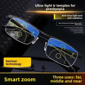 Automatic-Zoom Dual-Use Progressive Multifocal Reading Glasses Blue-Light Protection for Seniors Square Frame Men