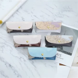 Blue Feather Fashion Eyeglass Case with Snap Button for Women Customized Pu Leather Handmade Semi hard Eyewear Pouch
