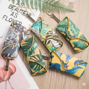 Blue Feather Tropical Leaf Print PU Leather Sunglasses Case Portable Semi hard Eyewear Pouch With Hook Fashion Glasses Bag