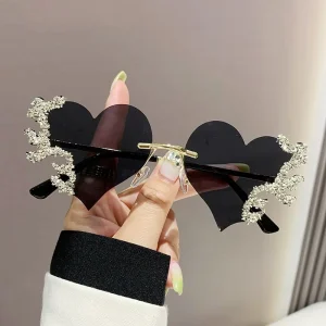 Brand Design Cut Lens Fashionable Oversized Custom Logo Heart Diamond Rhinestone Y2k Oval Metal Sunglasses