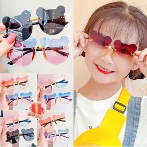 Cartoon Bear Sunglasses for Kids Boys and Girls Children Gradient Rimless Sun Eyewear Protection for Outdoor UV400 Glasses