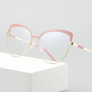 Cat Eye Black Metal Frames Blue Gold Transparent Light Blocking Lens Options Pink