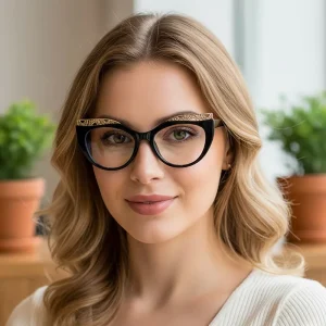 Cat Eye Blue Light Blocking Glasses with Golden Eyebrow Design for Prescription and Reading