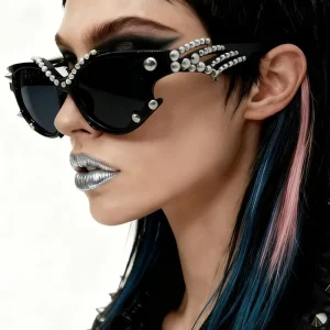 Cat-Eye Rhinestone Full-Rim UV400 Sunglasses for Women, Black