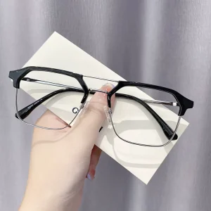Changing Flat Reading Myopia Optical Glasses with UV Protection Double Bridge Metal Square Frame