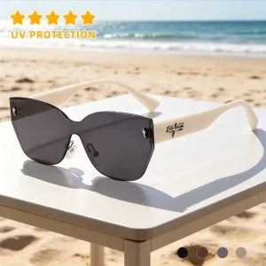 China Manufacturer Custom 3D Metal Logo Women’s Retro Rimless One-Piece Lens Sunglasses