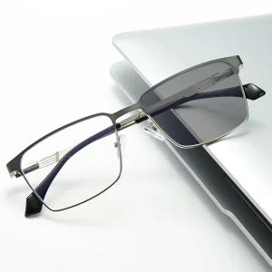 Classic Business Solid Single Bridge Design Men’s Metal Full Rim Photochromic Optical Eyeglasses Frames