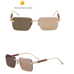 Color Changing Rectangle Wood Grain Temple Rimless Optical Eyeglass Frames for Men
