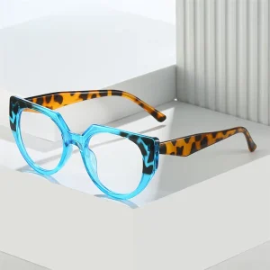 Contrasting-Color Leopard Round Cat-Eye Optical Frames Blue-Light-Blocking Prescription Glasses