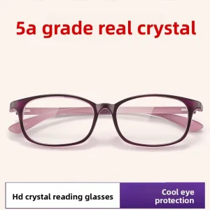 Crystal Reading Glasses with Matte Purple Square Frame and Transparent Lens, Model 1039