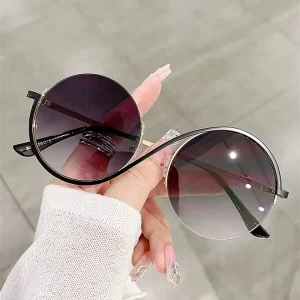 Custom Anti-Blue-Light UV400 Half-Frame Metal Round Sunglasses for Women