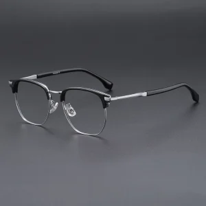 Custom Lens Black Silver Titanium Eyeglasses Acetate Front Frame Men Business Prescription Optical Eyewear