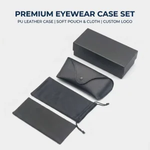 Custom Logo Black PU Leather Glasses Case Set with Microfiber Pouch and Cleaning Cloth