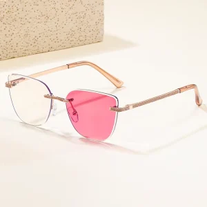 Custom Logo Cat-Eye Rimless Diamond-Cut Sunglasses for Women Photochromic Anti-Blue-Light UV400