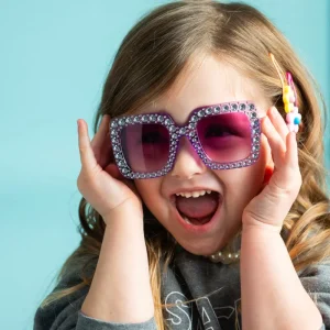 Custom Logo Children’s Sunglasses with Square Blue and Gray PC Frame Fashion Baby Sun Shades for Kids and Girls Bling Eyewear
