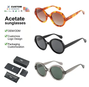 Custom Logo Retro Black UV400 Round Acetate Sunglasses for Outdoor Use