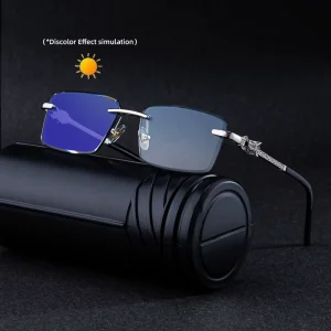 Custom Logo Rimless Leopard Head Rhinestone Photochromic Anti-Blue-Light UV400 Sunglasses for Men