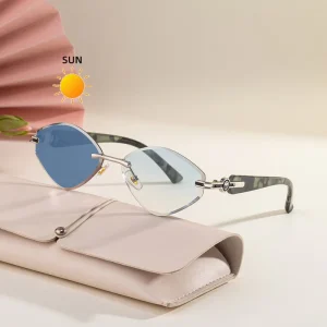 Custom Logo Rimless Photochromic Blue Light Blocking UV400 Sunglasses for Women