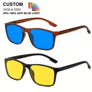 Custom ODM Anti-Blue-Light Blocking Glasses with Square Frame and Blue-Yellow Tint Lens for Office, Computer and Gaming