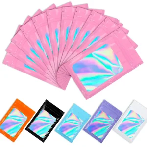 Custom Print Mini Transparent Ziplock Resealable Smell-Proof Food Pink Holographic Packaging Pouch Bag with Clear Window