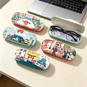 Custom Printed Japanese Theme Metal Eyeglasses Case with PU Leather Hard Shell