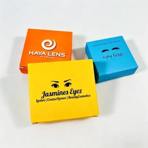 Custom Printed Yellow Cosmetic Box with Eye Graphic and Brand Logo for Eyelashes and Contact Lenses