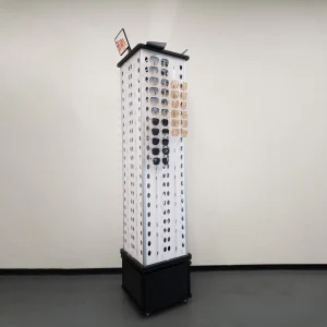 Custom Rotating Floor Sunglasses Display Stand with PVC Optical Rack, Wood Lockers and Mirror