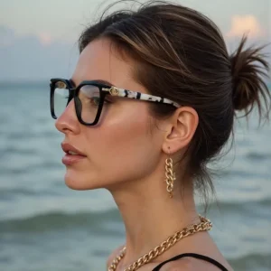 DM65079 Women’s Oversized Acetate Metal Full-Rim Square Optical Frames with Diamond Detail