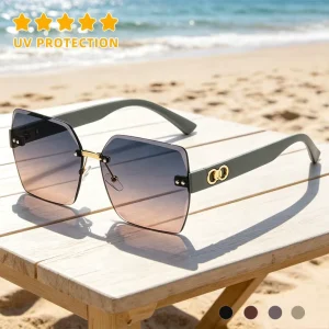 Diamond Cut Rimless Large Square Sunglasses for Women