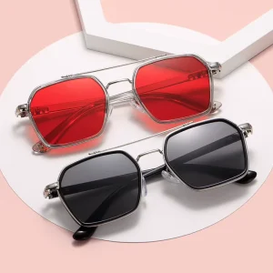 Double-Bridge Pilot Sunglasses, Plastic Frame, Colored Lenses, Square, for Women and Men