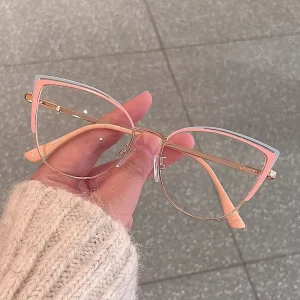 Elegant Decorative Eyewear Spring Hinge Metal Half frame cat Eye Prescription Blue Light Blocking Optical Glasses