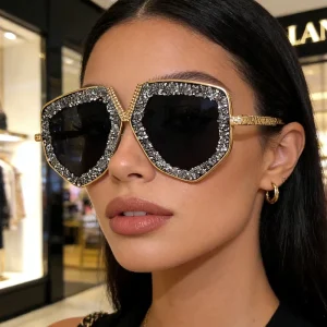 European American Retro style Fashion Metal Large frame Rhinestone Sunglasses Women Unique Sweet Cool Outdoor Sun protection