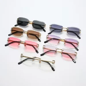 Factory Direct Custom Metal Rectangle Rimless Sunglasses with PC Gradient Lenses for Women